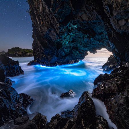 Glowing showing bioluminescent ocean waves crashing against rocks in a sea cave keywords: bioluminescence, glowing water, ocean, night, cave, sea...の素材