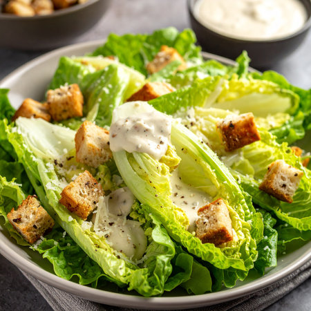 Detailed view of a Caesar salad showcasing romaine lettuce leaves, toasted croutons, and a creamy dressing, sprinkled with Parmesan cheese.の素材