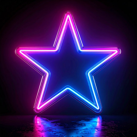 A vibrant neon star shape emits blue and pink light, with its glow reflecting on a dark, wet surface.の素材