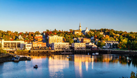 Clear showing coastal townscape with colorful autumn trees and water reflections keywords: city, cityscape, town, coastal, waterfront, harbor,...の素材