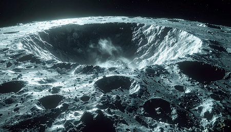 A massive lunar crater dominates the view, with dust erupting from its center, surrounded by smaller impact craters.の素材