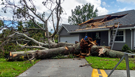 A massive tree trunk lies across a driveway and has caused significant damage to a house roof, indicating a severe weather event.の素材
