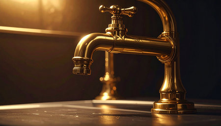 A luxurious golden brass faucet with a curved spout and ornate handles, reflecting light in a dimly lit, elegant setting.の素材