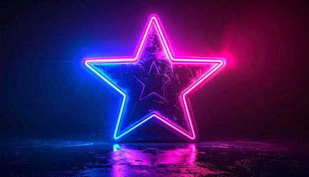 A five-pointed star with a textured surface glows with neon blue and pink light on a dark, wet, reflective floor.の素材