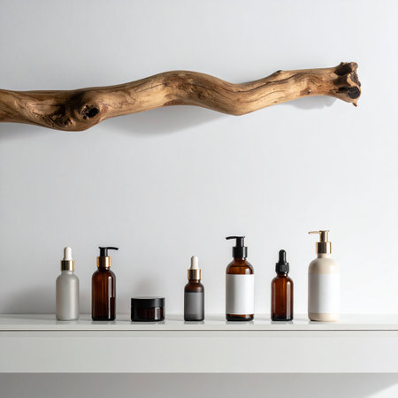 Various cosmetic bottles and a jar are neatly arranged on a white shelf, with a piece of driftwood above them.の素材