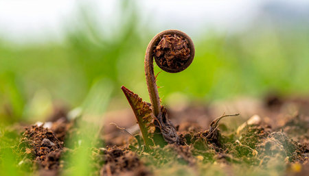 A young fern fiddlehead, partially unfurled, shows a new leaf emerging from the soil with a soft green background.の素材
