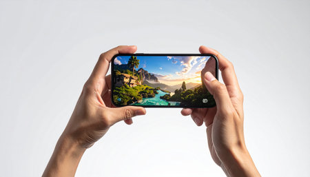 Hands hold a smartphone horizontally displaying a vibrant tropical landscape with a river and mountains.の素材