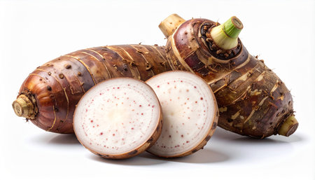 Taro root with green sprouts and slices showing textured brown skin and purple speckled flesh on a white...の素材