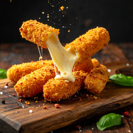 Golden fried mozzarella cheese sticks with gooey melted cheese stretching out on a wooden board.の素材