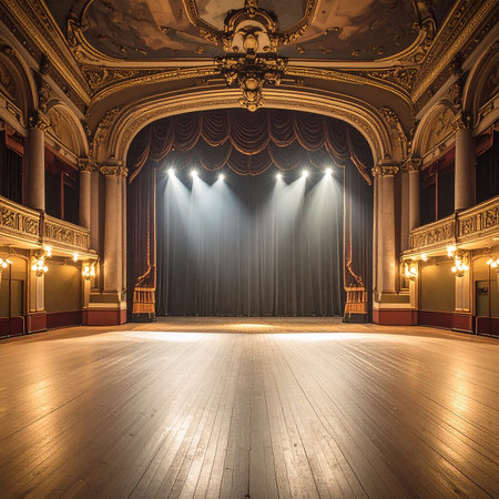 A grand theater interior featuring a stage with red curtains, illuminated by dramatic spotlights on an empty wooden floor.の素材