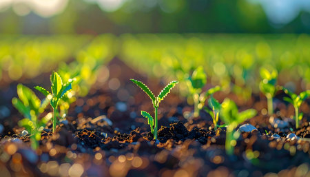 Young green sprouts push through dark soil in a field, bathed in the warm light of sunrise with soft bokeh in the background.の素材