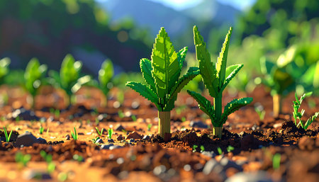 Pixelated corn sprouts emerge from brown soil in a stylized digital agricultural field with a blurred background.の素材