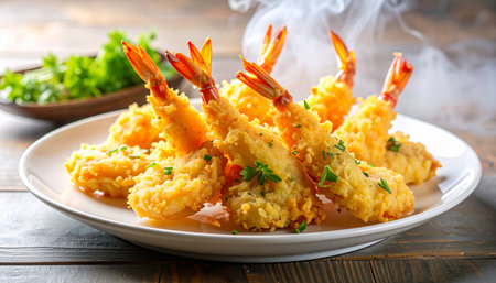 A white plate piled high with golden fried shrimp tempura, emitting steam, with a fresh green garnish and a blurred background.の素材
