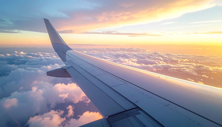 An airplane wing is visible above fluffy clouds during a sunset, with soft pink and orange colors painting the sky.の素材