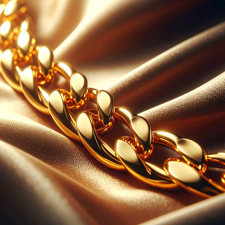 A detailed close-up of a thick, polished gold curb chain necklace resting on a smooth, lustrous satin fabric.の素材