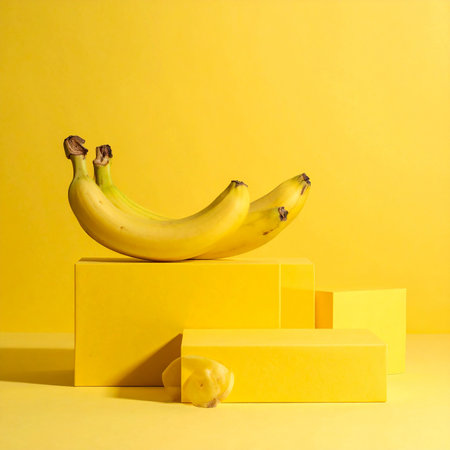 A bunch of ripe yellow bananas are artfully arranged on geometric yellow blocks against a solid yellow background.の素材
