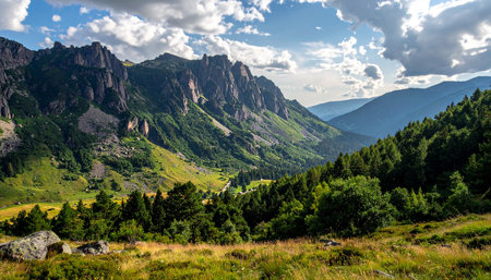 A wide view of a mountain landscape with a grassy, rocky foreground and distant, imposing peaks under a bright, cloudy blue sky.の素材
