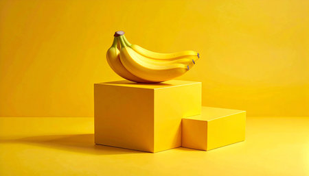 A cluster of ripe yellow bananas is positioned on a two-tiered yellow geometric block, set against a plain yellow background.の素材