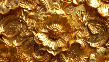 An ornate golden floral design showcases an embossed flower surrounded by intricate swirling patterns and decorative leaf motifs on a textured...の素材
