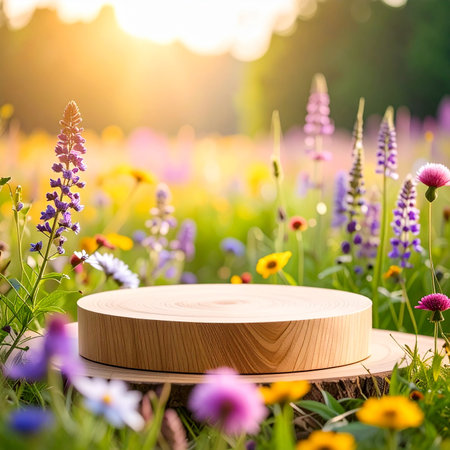 A round wooden podium sits in a sun-drenched meadow filled with colorful wildflowers and lush green grass.の素材