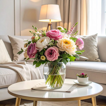 A lush floral arrangement in a glass vase is displayed on a coffee table in a bright, elegantly furnished living room.の素材