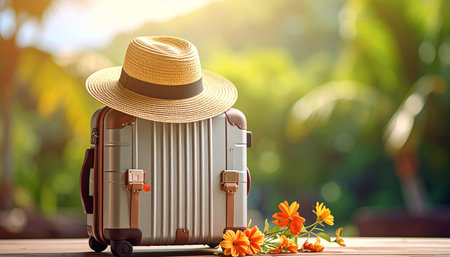 A straw fedora hat is placed on a silver suitcase, with bright orange flowers beside it on a wooden surface.の素材