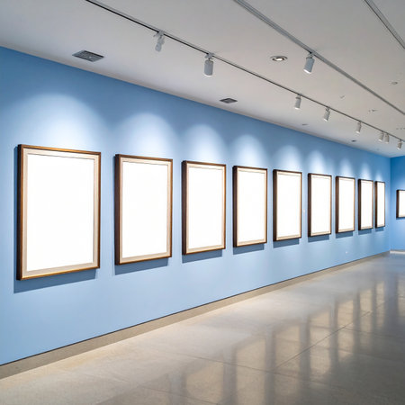 A long hallway in an art gallery with a row of blank picture frames on a blue wall. The space is illuminated by spotlights.の素材