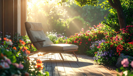 A comfortable lounge chair is positioned on a wooden deck, overlooking a sunlit garden abundant with red and purple blooming flowers.の素材