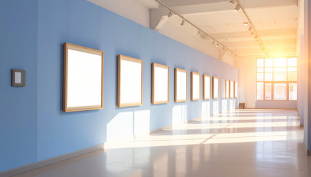 A long art gallery hallway with blue walls, many empty wooden frames, and bright sunlight from windows at the end, casting long shadows on the floor.の素材