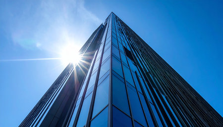 A tall glass skyscraper viewed from a low angle, with the sun creating a flare against a bright blue sky.の素材