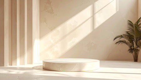 A beige studio with a marble podium, a palm plant, and soft window light shadows. Clear details and vibrant co...の素材