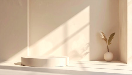 A beige studio with a round podium, a vase of dried grass, and soft window light. Clear details and vibrant co...の素材