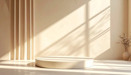 A minimalist beige studio with a podium, soft light, and a dried plant in a vase. Clear details and vibrant co...の素材