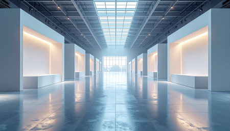 A spacious, modern exhibition hall with empty display booths and natural light from above.の素材