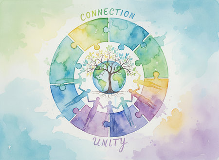 A circular arrangement of puzzle pieces depicts people holding hands around a globe with a tree, symbolizing...の素材