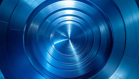 Blue metallic concentric circles form a pattern with a central vanishing point and bright light reflections.の素材