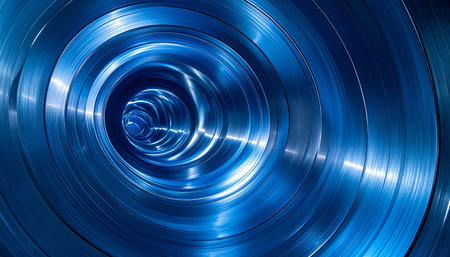 A blue metallic tunnel with concentric rings and bright light reflections creates a sense of depth.の素材