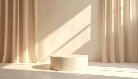 A minimalist beige studio with a podium, soft light, and a dried plant in a vase. Clear details and vibrant co...の素材