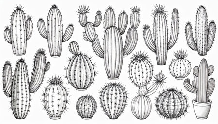 A black and white hand-drawn illustration featuring a diverse collection of cacti and succulents.の素材