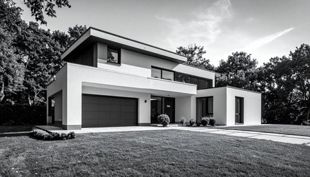 A black and white image of a modern white house with a garage, surrounded by trees and a grassy lawn, showcasing its architectural form.の素材