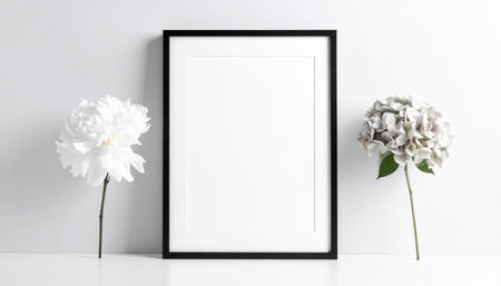 A black framed picture frame with a blank white space is positioned between a white flower and a grey flower on a white surface.の素材