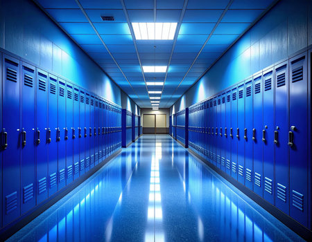 An empty, bright blue school hallway with rows of lockers on both sides, featuring illuminated ceiling panels and a reflective floor.の素材