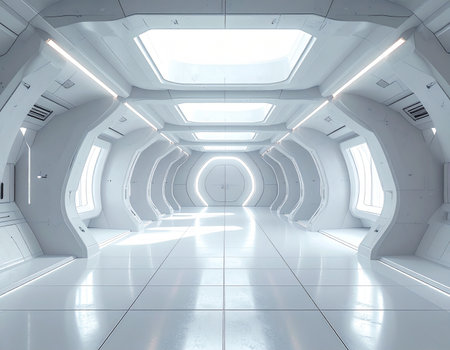 A bright white futuristic interior hallway with skylights, rounded walls, and soft glowing lights.の素材