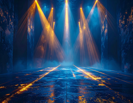 Dramatic orange spotlights cut through a smoky, dark room with textured walls and a wet, reflective floor.の素材