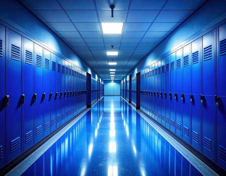 An empty blue school hallway stretches into the distance, lined with rows of lockers and illuminated by overhead lights reflecting on the shiny floor.の素材