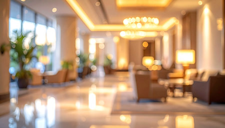 Light showing blurred luxury hotel lobby interior with warm lighting and seating areas keywords: hotel, lobby, interior, blurred, out of focus,...の素材