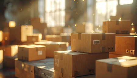 Cardboard boxes are piled high in a warehouse, illuminated by warm sunlight creating visible dust motes.の素材