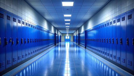 An empty, long blue school hallway stretches into the distance, lined with rows of identical lockers under bright overhead lights.の素材