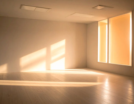 An empty room bathed in warm sunlight, with distinct shadows cast across the floor and walls from the windows.の素材