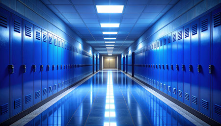 A long, empty school hallway with bright blue lockers lining both sides and illuminated by overhead fluorescent lights.の素材